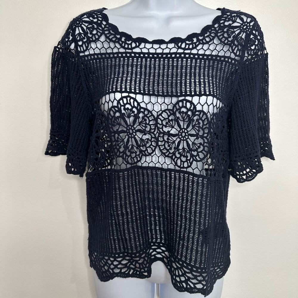 Anthropologie James Coviello Small Open Crochet Navy Cotton Short Sleeve, Fun!